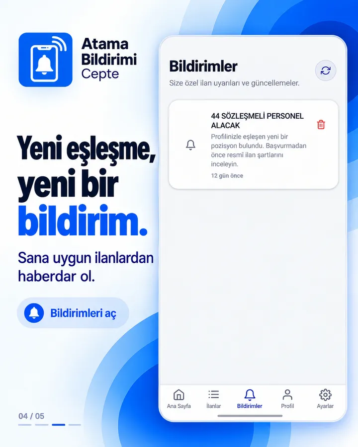 Bildirimler ekranı: “Yeni eşleşme, yeni bir bildirim.” Profille eşleşen bir pozisyon bildirimi.